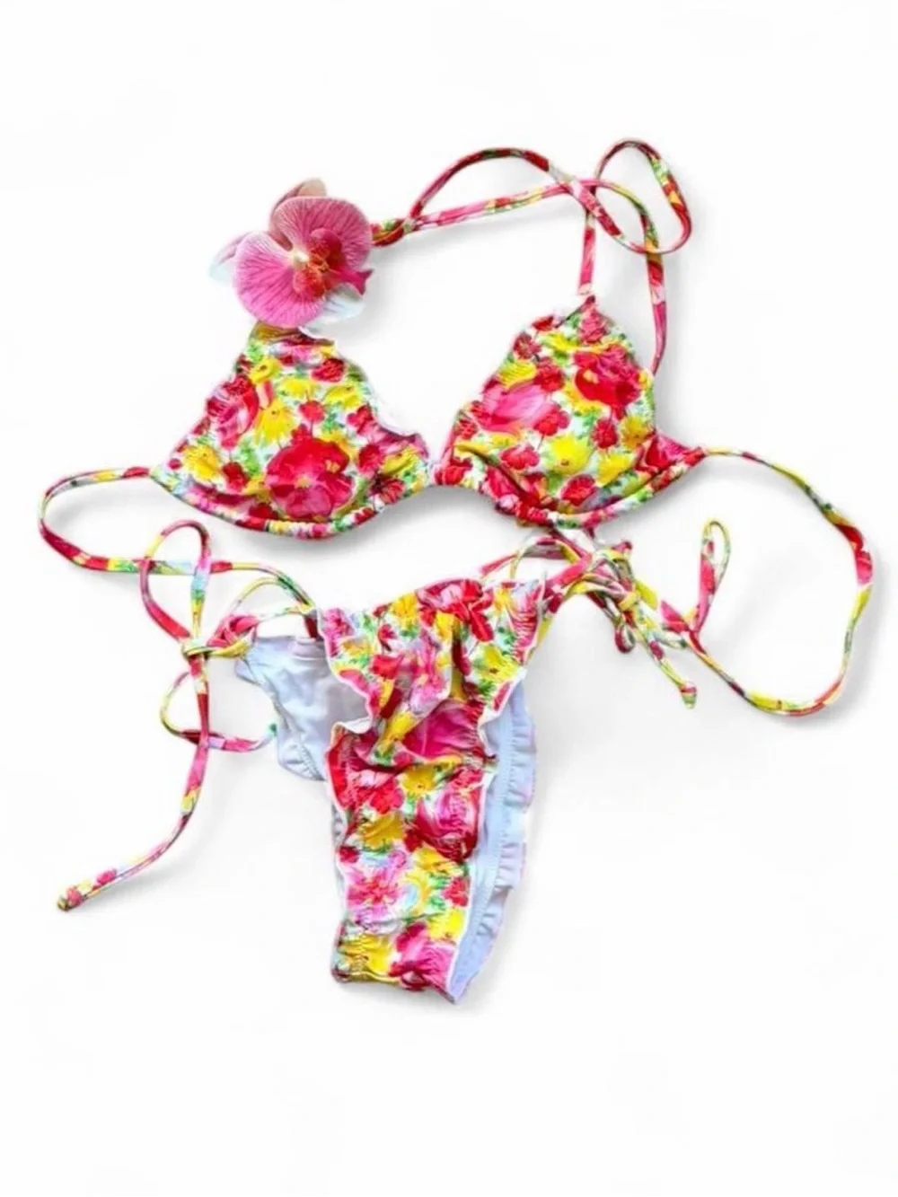Amazon Floral Triangle Bikini — Pink & Yellow